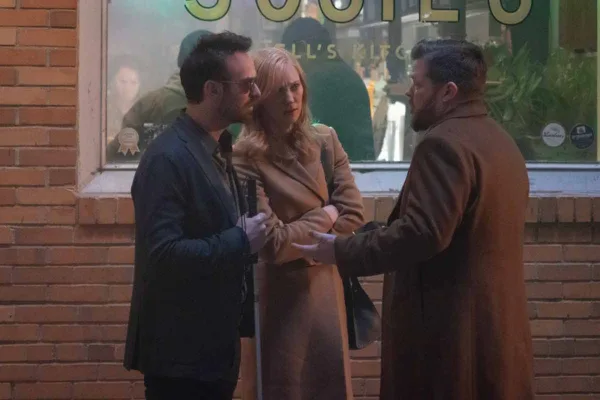 (L-R) Daredevil/Matt Murdock (Charlie Cox), Karen Page (Deborah Ann Woll), and Foggy Nelson (Elden Henson) in Marvel Television's DAREDEVIL: BORN AGAIN, exclusively on Disney+. Photo by Giovanni Rufino. © 2024 MARVEL.