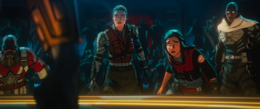 (L-R): Alexei Shostakov/ Red Guardian (voiced by David Harbour), Yelena Belova (voiced by Florence Pugh), Kamala Khan (voiced by Iman Vellani) and Blade Knight (voiced by Todd Williams) in Marvel Television's MARVEL ZOMBIES exclusively on Disney+. Photo courtesy of Marvel Television. © 2025 MARVEL.