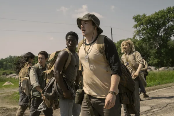 Joshua Odjick as Parker, Jordan Gonzalez as Harkness, David Jonsson as McVries, Cooper Hoffman as Garraty, and Charlie Plummer as Barkovitch in The Long Walk. Photo Credit: Murray Close/Lionsgate