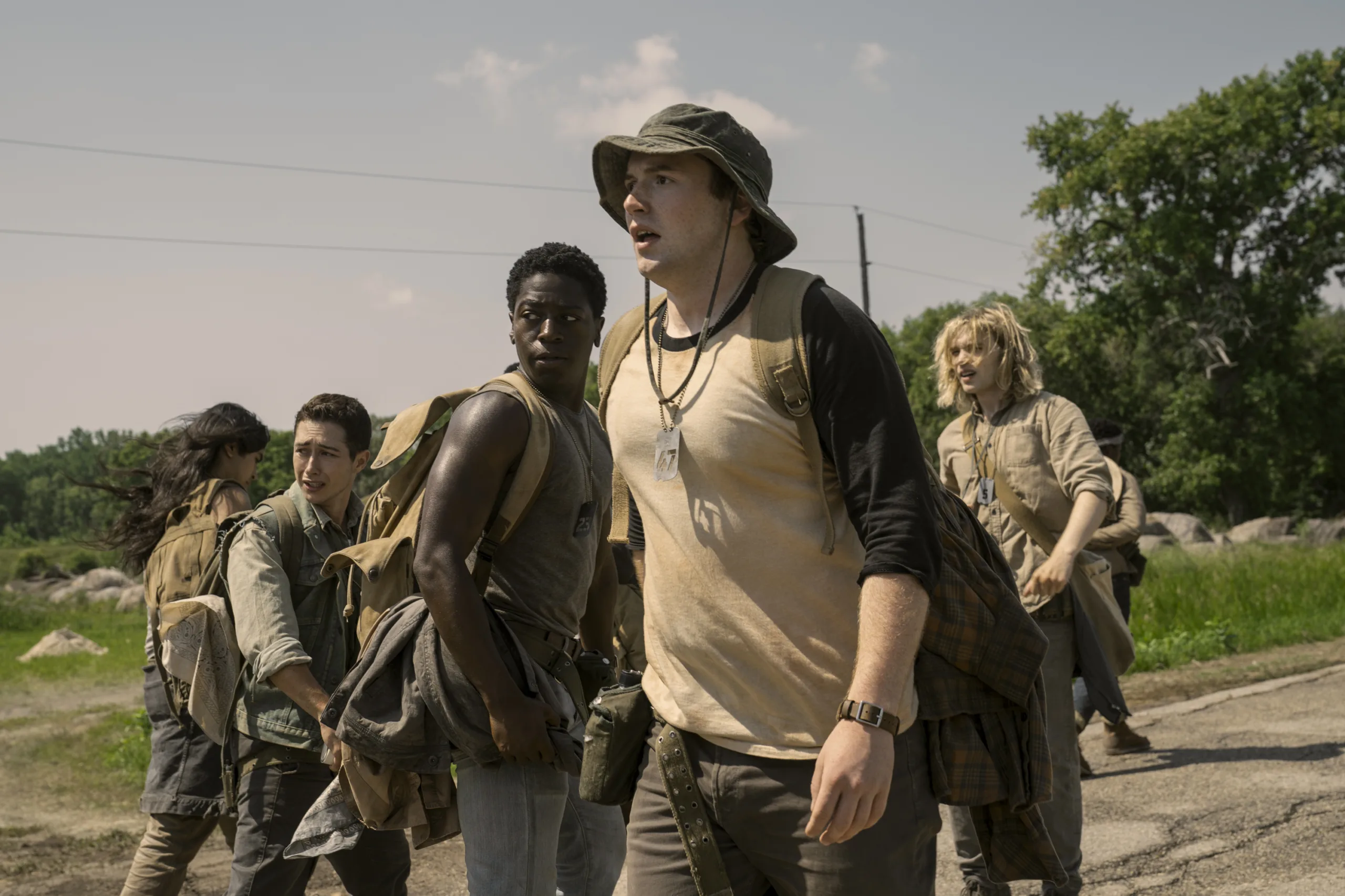 Joshua Odjick as Parker, Jordan Gonzalez as Harkness, David Jonsson as McVries, Cooper Hoffman as Garraty, and Charlie Plummer as Barkovitch in The Long Walk. Photo Credit: Murray Close/Lionsgate
