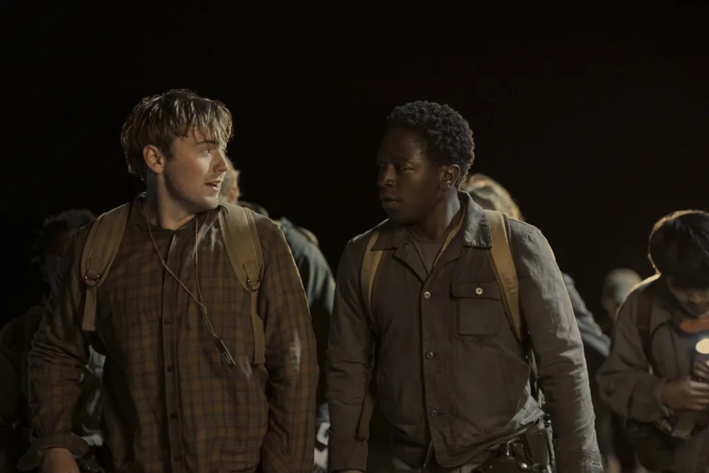 Cooper Hoffman as Garraty and David Jonsson as McVries in The Long Walk. Photo Credit: Murray Close