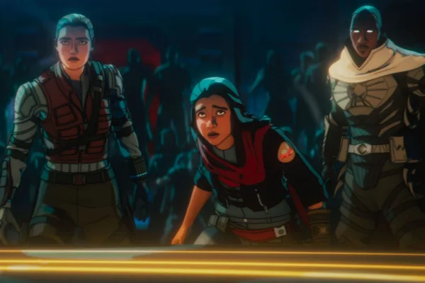 (L-R): Alexei Shostakov/ Red Guardian (voiced by David Harbour), Yelena Belova (voiced by Florence Pugh), Kamala Khan (voiced by Iman Vellani) and Blade Knight (voiced by Todd Williams) in Marvel Television's MARVEL ZOMBIES exclusively on Disney+. Photo courtesy of Marvel Television. © 2025 MARVEL.