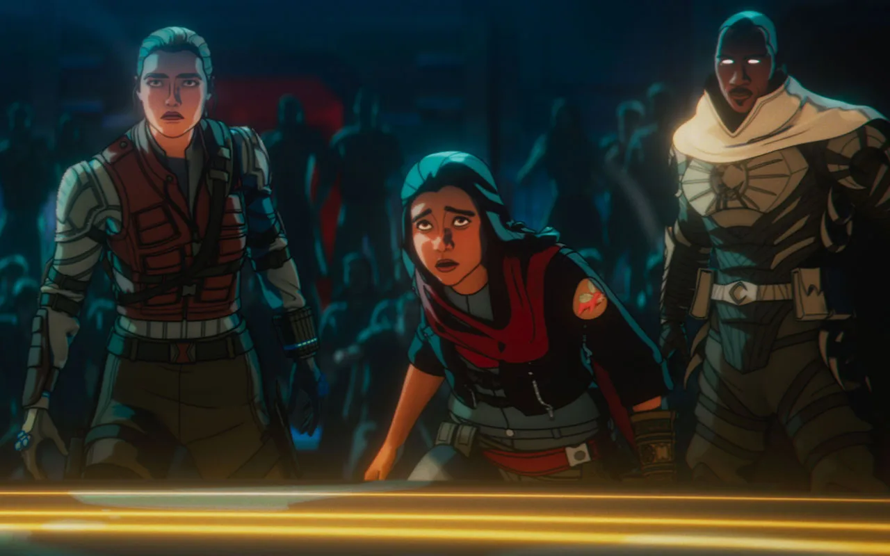 (L-R): Alexei Shostakov/ Red Guardian (voiced by David Harbour), Yelena Belova (voiced by Florence Pugh), Kamala Khan (voiced by Iman Vellani) and Blade Knight (voiced by Todd Williams) in Marvel Television's MARVEL ZOMBIES exclusively on Disney+. Photo courtesy of Marvel Television. © 2025 MARVEL.