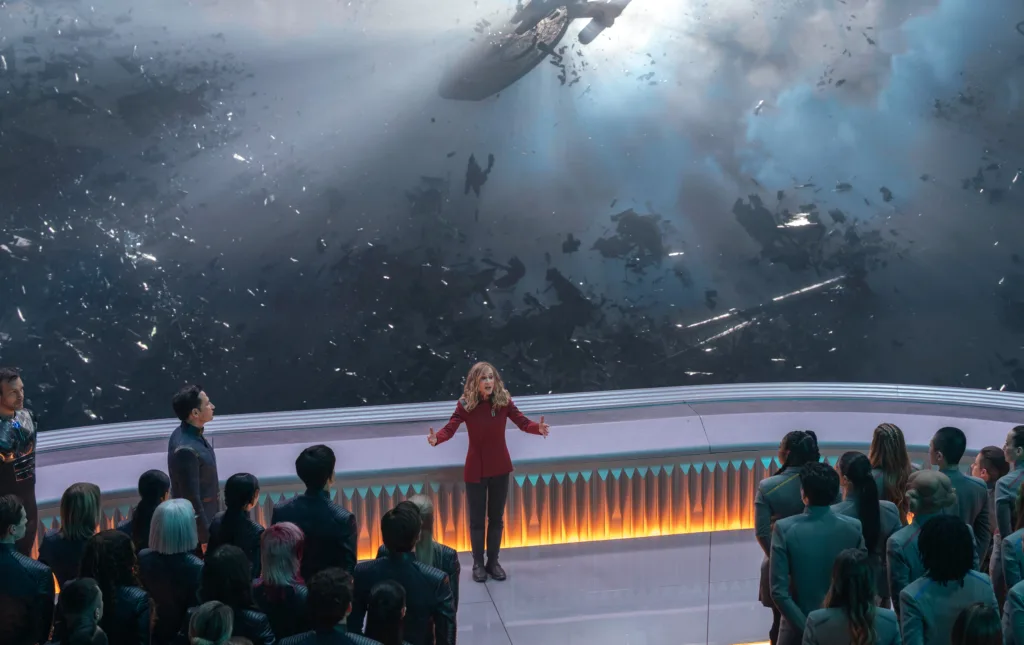 L-R: George Hawkins, Kerrice Brooks, Joseph Messina and Sandro Rosta in season 1 , episode 3 of Star Trek: Starfleet Academy streaming on Paramount+. Photo Credit: John Medland/Paramount+