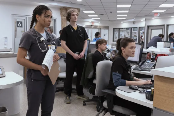 They allwatch Trauma I, discuss Kylie's diagnosis & Pitt PD wants to talk. (Warrick Page/HBOMAX) The Pitt Season 2