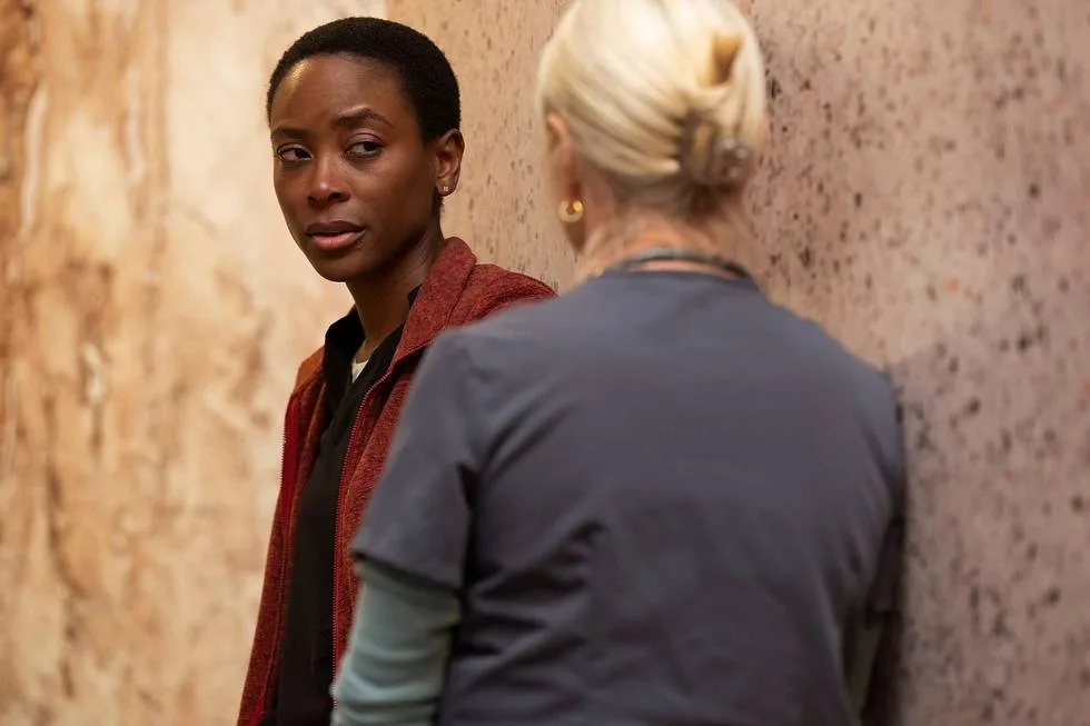 Tracy Ifeachor as Dr Collins and Katherine Lanasa as Dana on the Pitt season 1