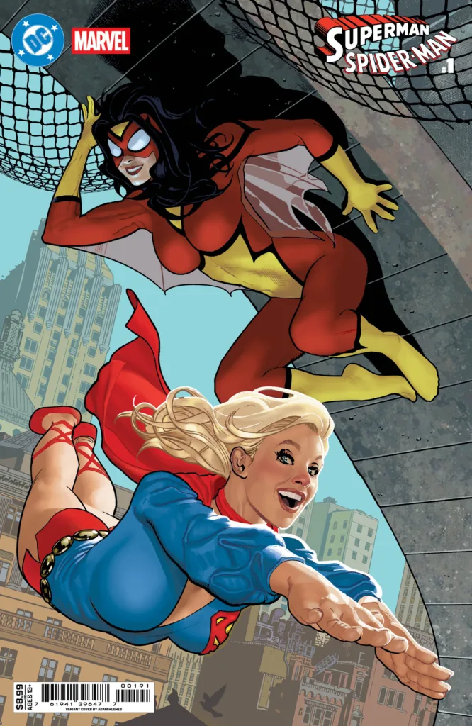 Superman/Spider-Man #1 variant by Adam Hughes, featuring ‘70s Supergirl and ‘70s Jessica Drew as Spider-Woman